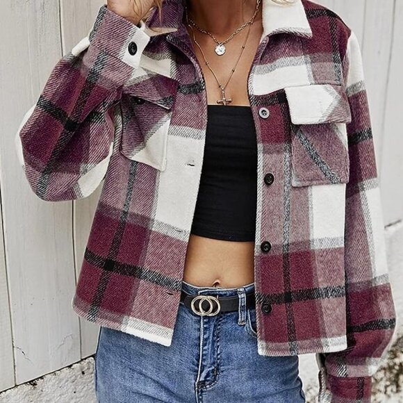 Red Plaid Print Button‎ Down Cropped Flannel Cropped Bomber Jacket Shacket - Picture 1 of 5